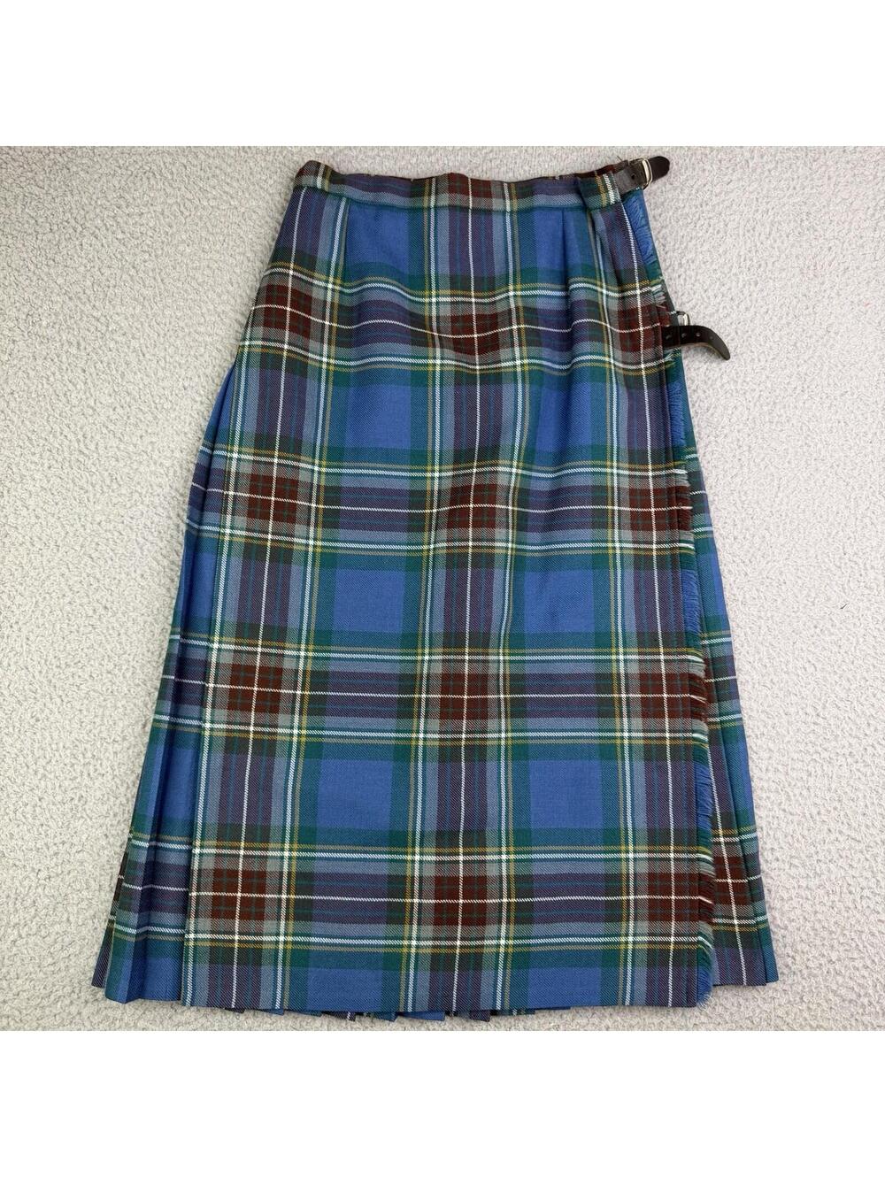 VTG Lochcarron of Scotland Blue Green Plaid 100% Wool Kilt Skirt 24x28.5 EUC